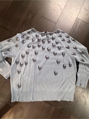 Skull Cashmere Light Blue Skull-Print Crewneck Sweater